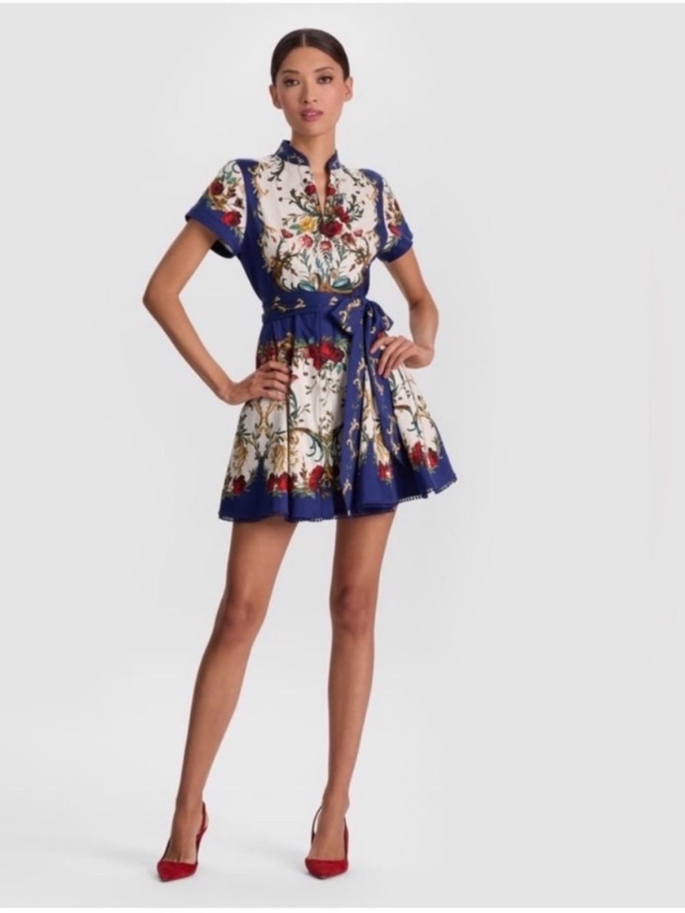 Alice + Olivia Blue & White Floral Mandarin-Collar Mini Dress - Picture 3 of 8